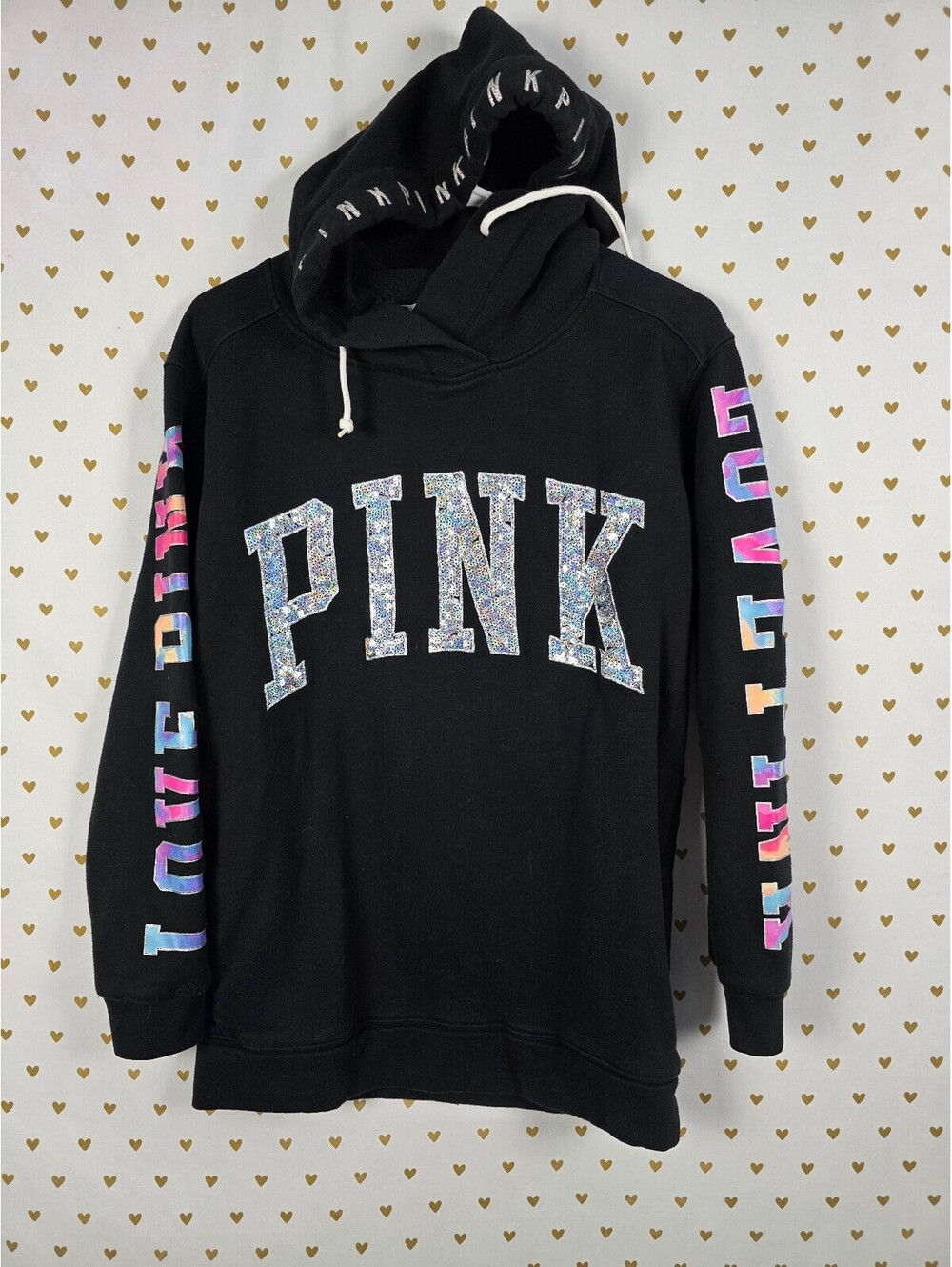 Victorias Secret Pink Bling Watercolor Hooded Sweater Logo Sequined XS